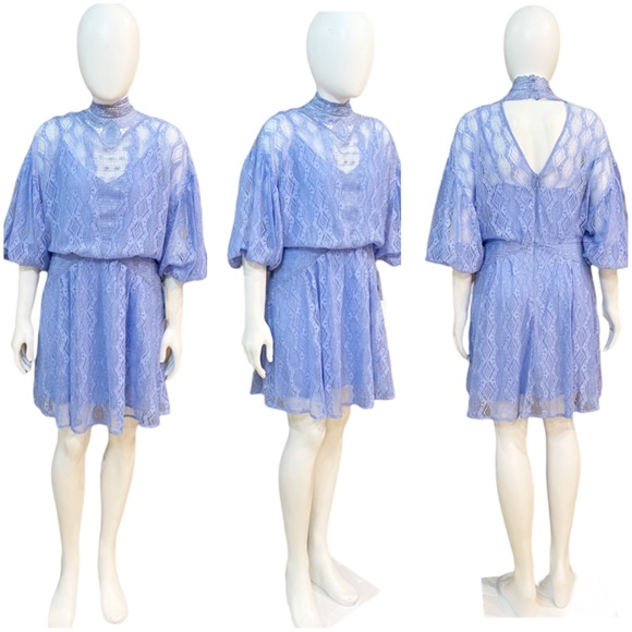Free People Womens Lace Overlay Mock Neck Broadway Blue Mini Dress - Picture 12 of 12